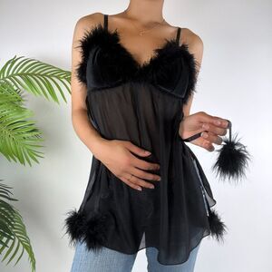 Vintage Y2K Black Whimsigoth Organza Faux Fur Lingerie Slip Top / Size: M